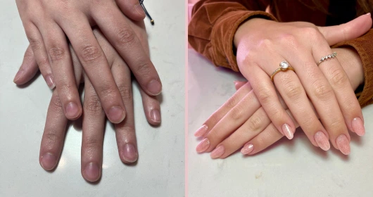 Comparación de uñas antes y después de una manicura, con un resultado final sofisticado en tonos nude y forma almendrada.