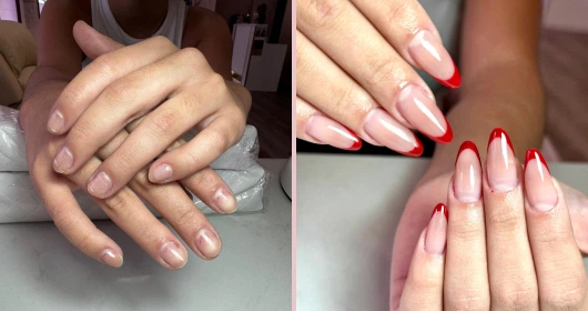 Comparación de uñas antes y después de un servicio de manicura, mostrando un diseño elegante con puntas rojas que resaltan.