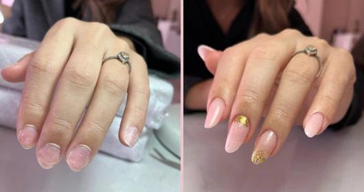 Comparación de uñas antes y después de un servicio de manicura, mostrando una transformación elegante con diseño y detalles dorados.