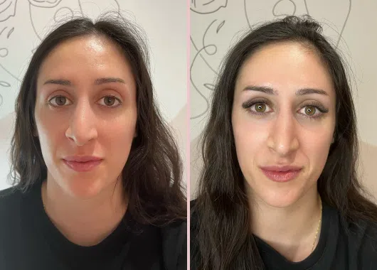 Comparación del rostro antes y después de una extensión de pestañas efecto brasileño, destacando una mirada más intensa y definida.